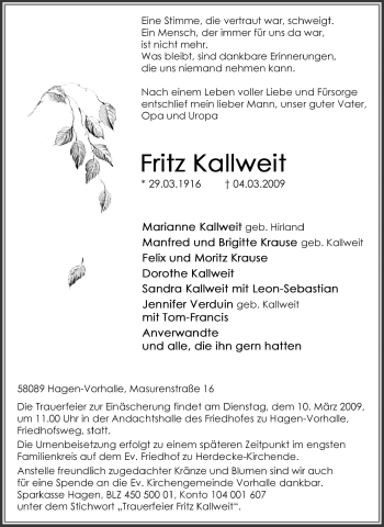 Traueranzeige von Fritz Kallweit von Tageszeitung