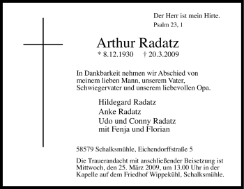 Traueranzeige von Arthur Radatz von Tageszeitung