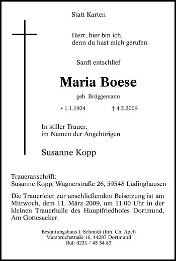 Traueranzeige von Maria Boese von Tageszeitung