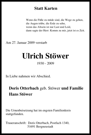 Traueranzeige von Ulrich Stöwer von Tageszeitung
