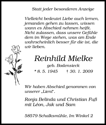 Traueranzeige von Reinhild Mielke von Tageszeitung