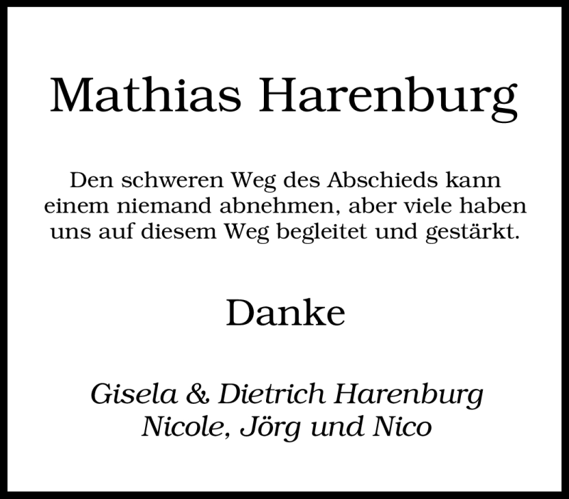  Traueranzeige für Mathias Harenburg vom 14.03.2009 aus Tageszeitung