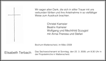 Traueranzeige von Elisabeth Terbach von Tageszeitung