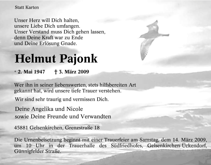  Traueranzeige für Helmut Pajonk vom 07.03.2009 aus Tageszeitung