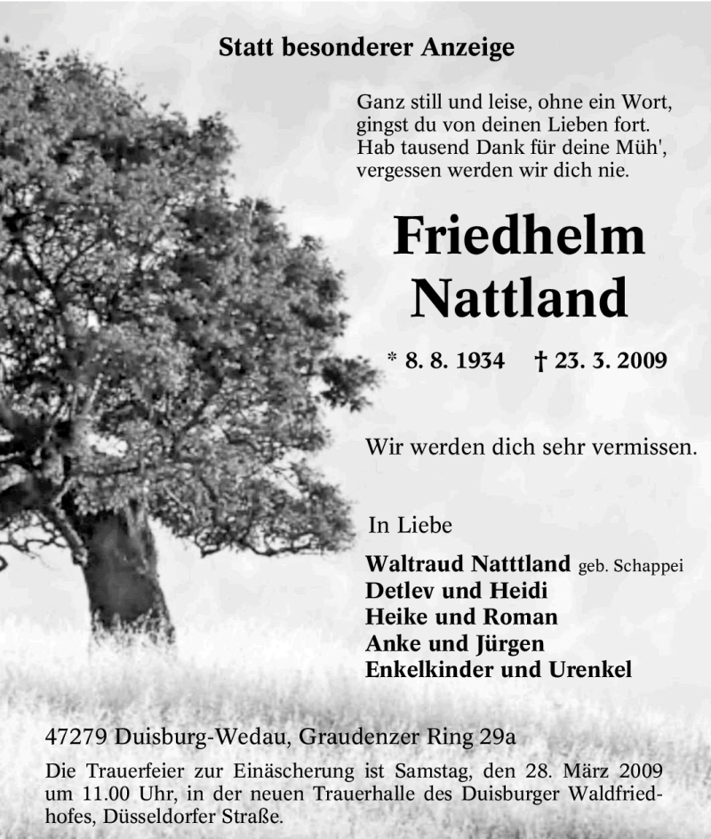  Traueranzeige für Friedhelm Nattland vom 25.03.2009 aus Tageszeitung