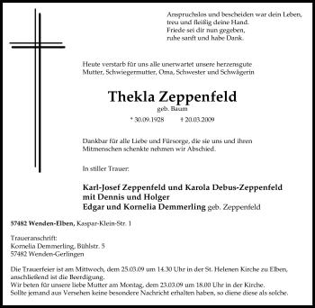 Traueranzeige von Thekla Zeppenfeld von Tageszeitung