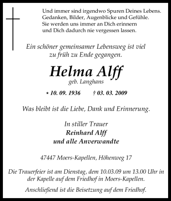 Traueranzeige von Helma Alff von Tageszeitung