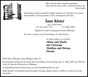 Traueranzeige von Änne Köster von Tageszeitung
