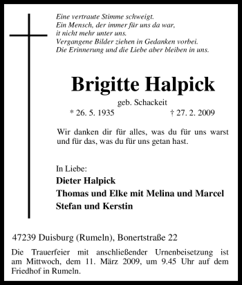 Traueranzeige von Brigitte Halpick von Tageszeitung