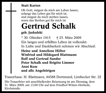 Traueranzeige von Gertrud Schalk von Tageszeitung