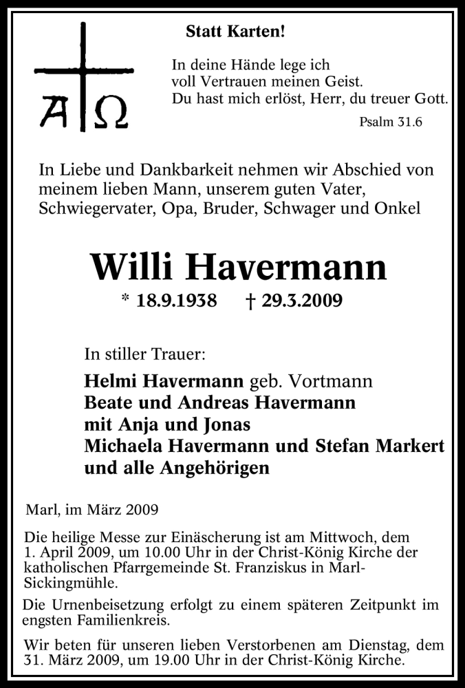  Traueranzeige für Willi Havermann vom 31.03.2009 aus Tageszeitung