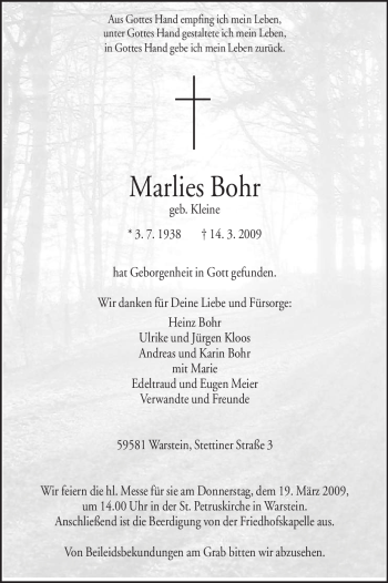 Traueranzeige von Marlies Bohr von Tageszeitung