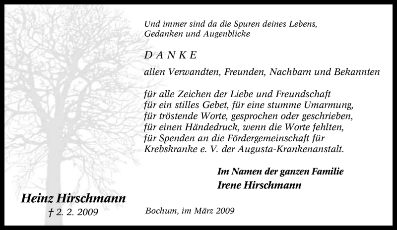  Traueranzeige für Heinz Hirschmann vom 21.03.2009 aus Tageszeitung