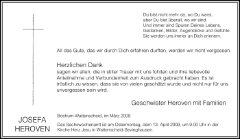 Traueranzeige von Josefa Heroven von Tageszeitung