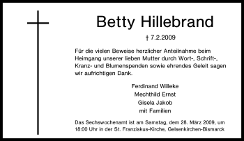 Traueranzeige von Betty Hillebrand von Tageszeitung