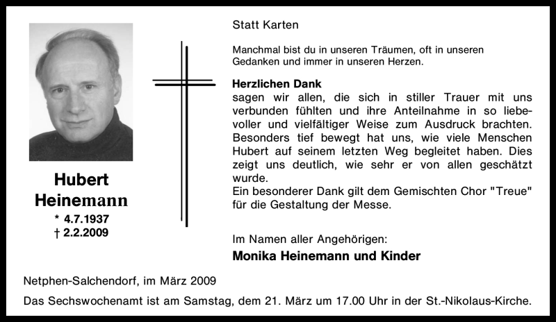  Traueranzeige für Hubert Heinemann vom 14.03.2009 aus Tageszeitung