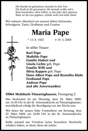 Traueranzeige von Maria Pape von Tageszeitung