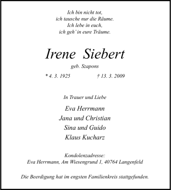 Traueranzeige von Irene Siebert von Tageszeitung
