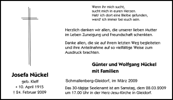 Traueranzeige von Josefa Nückel von Tageszeitung