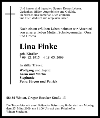Traueranzeige von Lina Finke von Tageszeitung