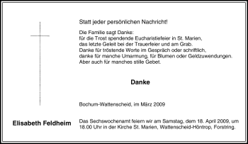 Traueranzeige von Elisabeth Feldheim von Tageszeitung
