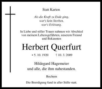 Traueranzeige von Herbert Querfurt von Tageszeitung