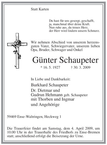 Traueranzeige von Günter Schaupeter von Tageszeitung