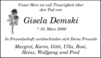 Traueranzeige von Gisela Demski von Tageszeitung