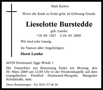 Traueranzeige von Lieselotte Burstedde von Tageszeitung