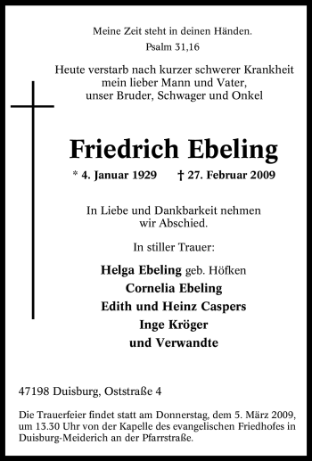 Traueranzeigen von Friedrich Ebeling TrauerinNRW.de