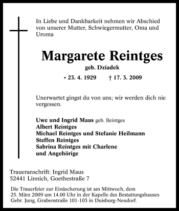 Traueranzeige von Margarete Reintges von Tageszeitung