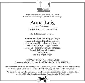 Traueranzeige von Anna Luig von Tageszeitung