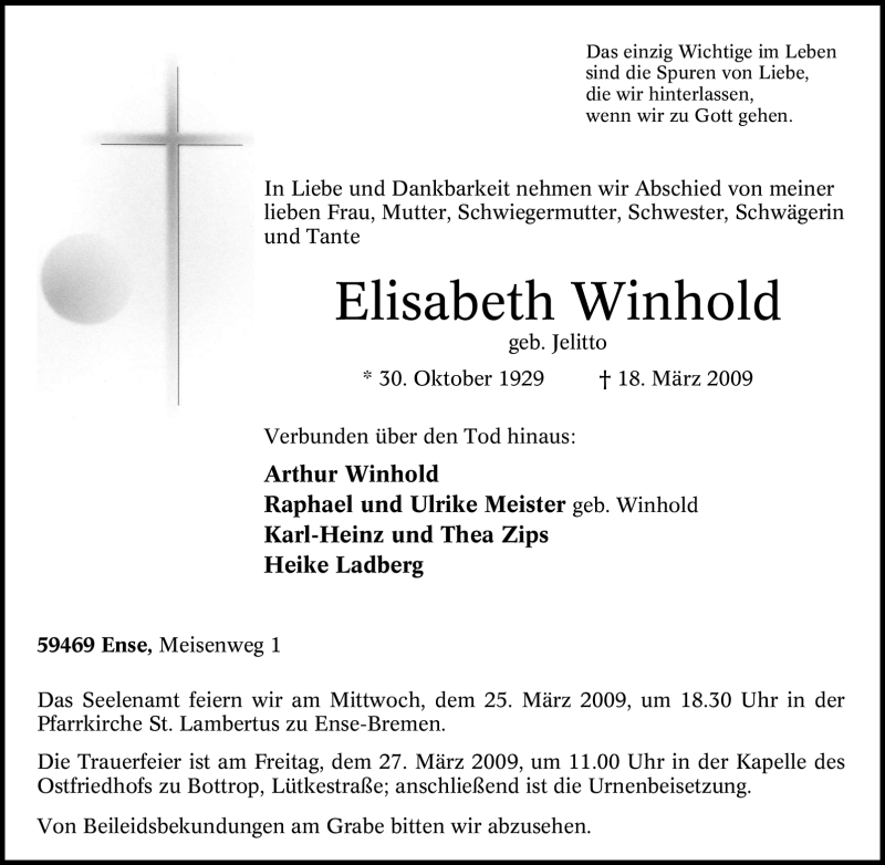 Traueranzeige für Elisabeth Winhold vom 20.03.2009 aus Tageszeitung