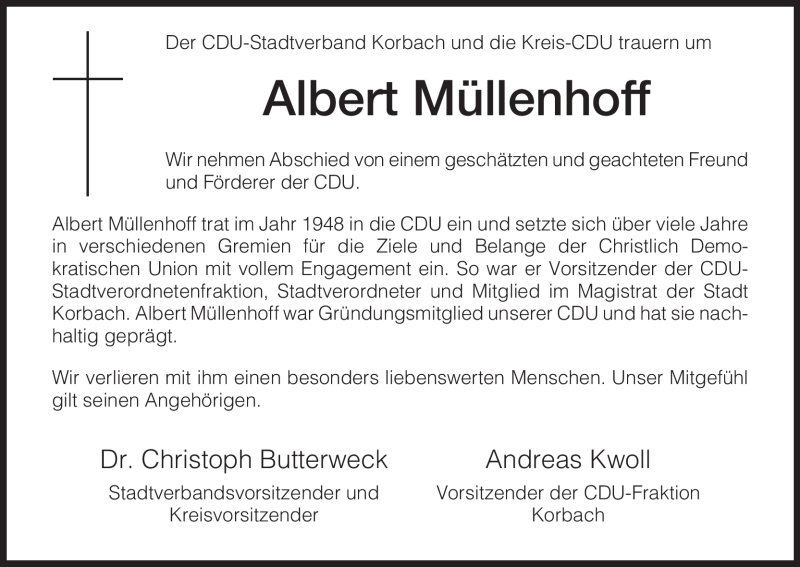  Traueranzeige für Albert Müllenhoff vom 07.03.2009 aus Tageszeitung