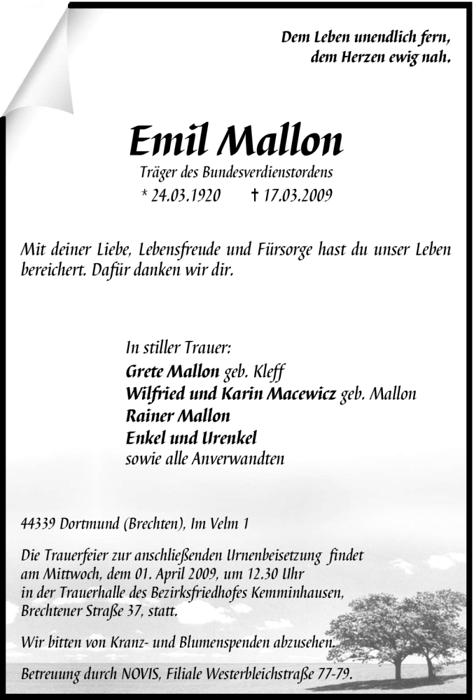  Traueranzeige für Emil Mallon vom 28.03.2009 aus Tageszeitung