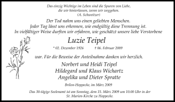 Traueranzeige von Luzie Teipel von Tageszeitung