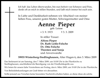 Traueranzeige von Aenne Pieper von Tageszeitung