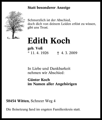 Traueranzeige von Edith Koch von Tageszeitung