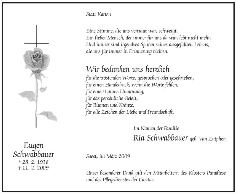  Traueranzeige für Eugen Schwabbauer vom 14.03.2009 aus Tageszeitung