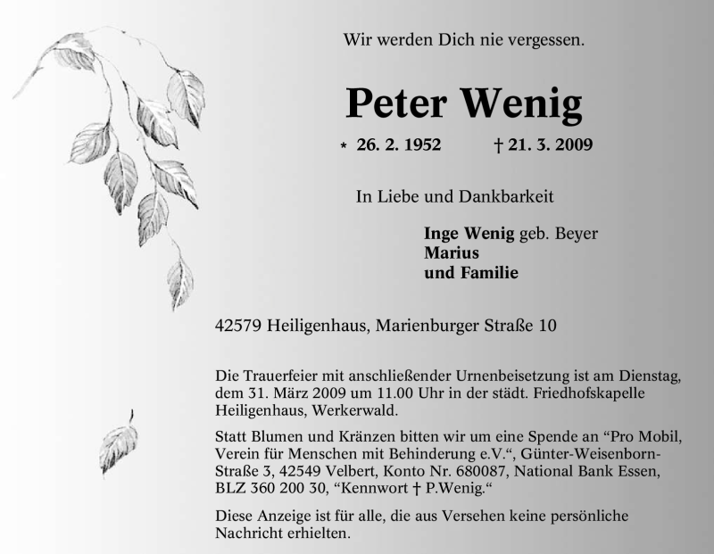  Traueranzeige für Peter Wenig vom 26.03.2009 aus Tageszeitung
