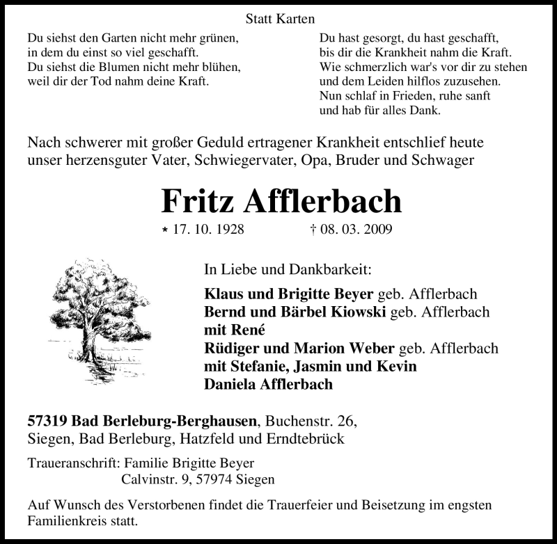  Traueranzeige für Fritz Afflerbach vom 10.03.2009 aus Tageszeitung