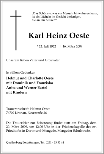 Traueranzeige von Karl Heinz Oeste von Tageszeitung