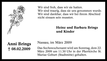 Traueranzeige von Anni Brings von Tageszeitung