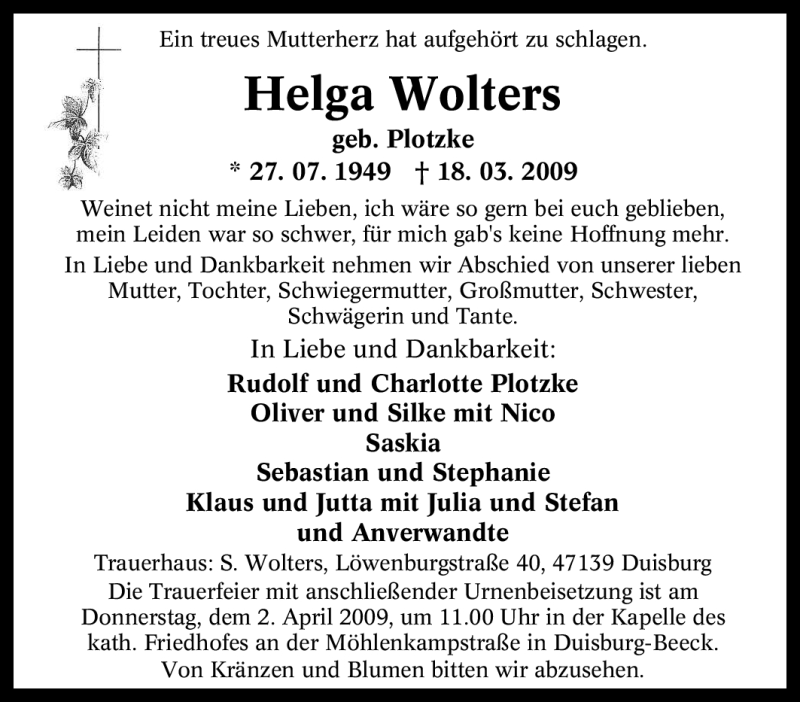  Traueranzeige für Helga Wolters vom 25.03.2009 aus Tageszeitung