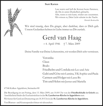 Traueranzeige von Gerd van Haag von Tageszeitung