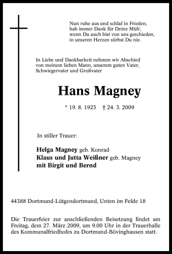 Traueranzeige von Hans Magney von Tageszeitung