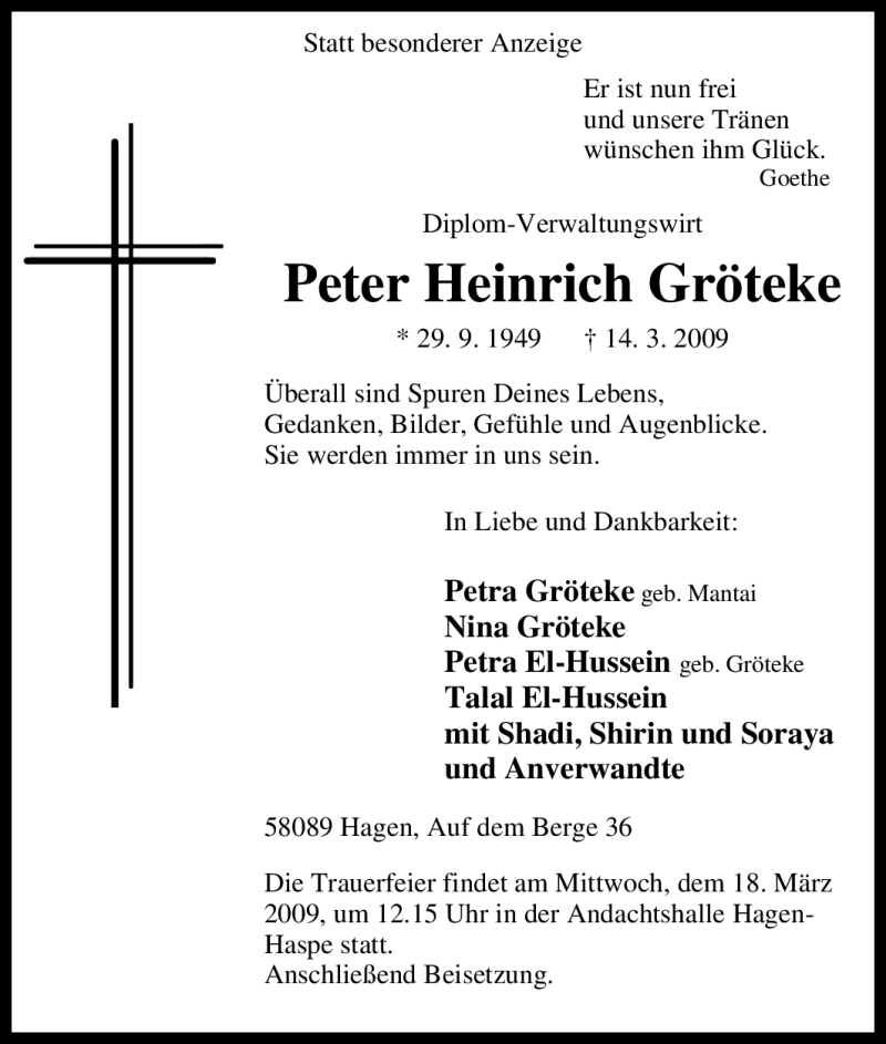  Traueranzeige für Peter Heinrich Gröteke vom 17.03.2009 aus Tageszeitung