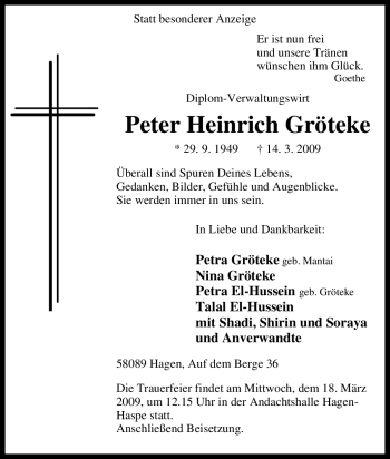 Traueranzeige von Peter Heinrich Gröteke von Tageszeitung