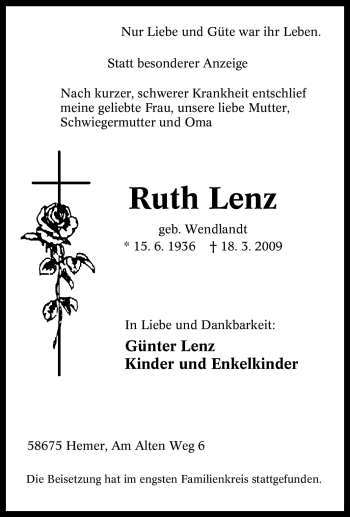 Traueranzeige von Ruth Lenz von Tageszeitung