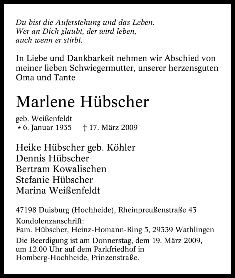  Traueranzeige für Marlene Hübscher vom 18.03.2009 aus Tageszeitung